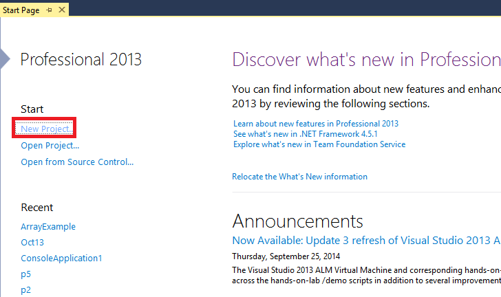 Step 1 in Creating a Solution in Visual Studio