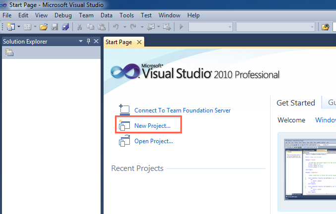 Step 1 in Creating a Solution in Visual Studio